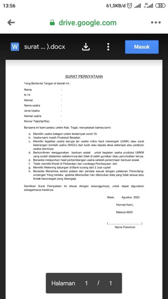 Surat pernyataan Banpres BLT UMKM